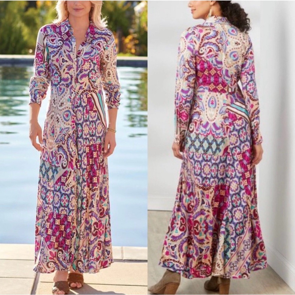 Soft Surroundings Vibrant Paisley Long Sleeve Dress